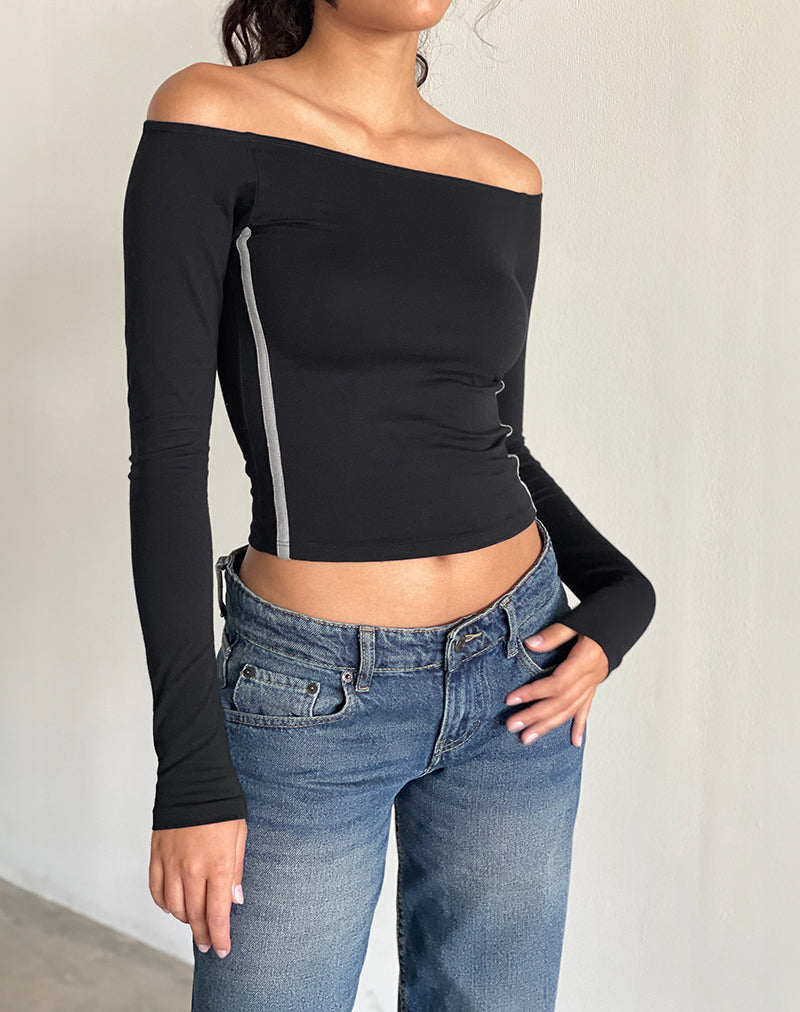 Reiba Long Sleeve Top in Black with Grey Binding