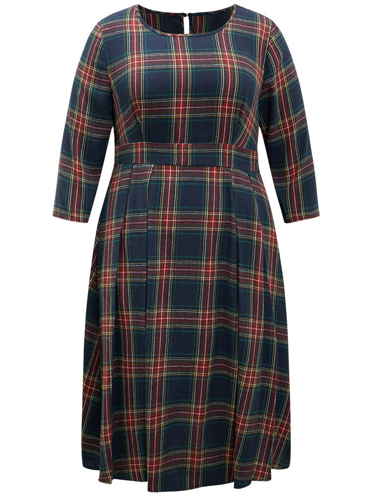Christmas Plaid Pocket Elastic Waist Midi Dress