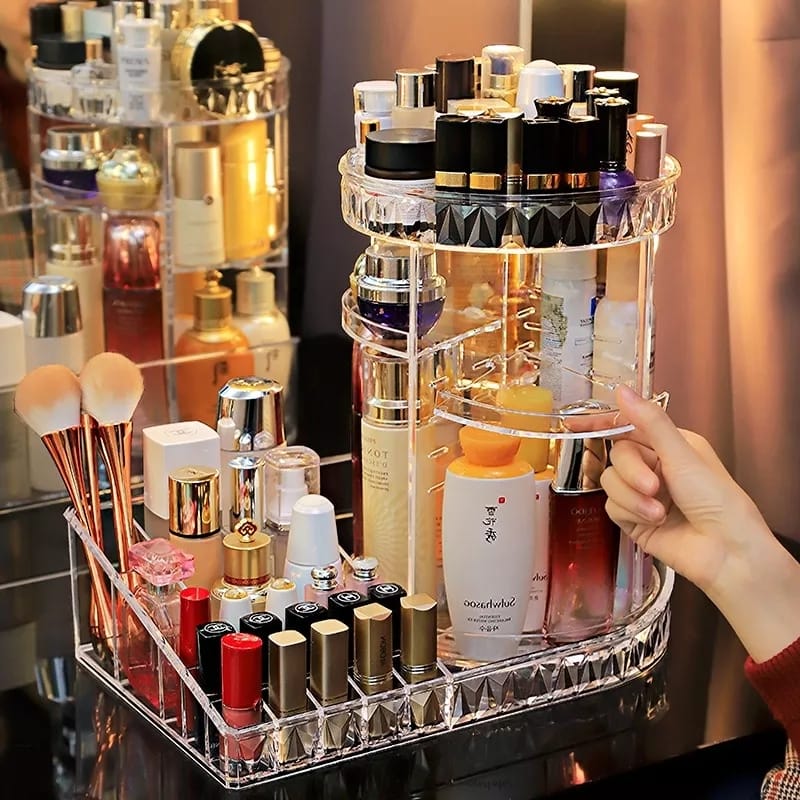 360° Rotating Makeup Organizer Stand with Cosmetic Holder Tray