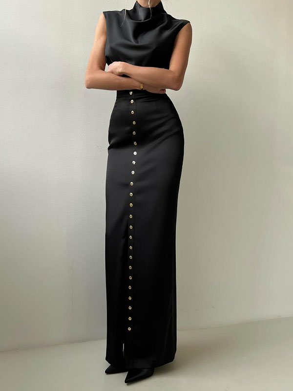 Sleeveless Buttoned Solid Color Split-Front Heaps Collar Tank Top&Skirts Bottoms  Two Pieces Set