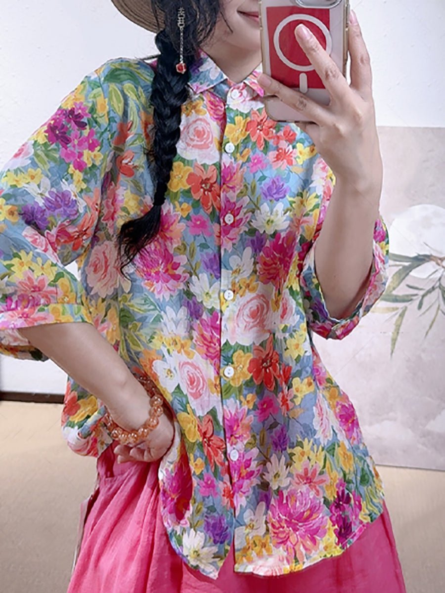 Women Summer Artsy Flower Turn-down Collar 100%Linen Shirt