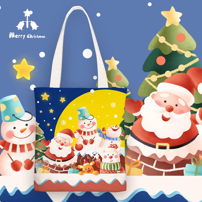Christmas Women's Medium Canvas Santa Claus Cute Zipper Shoulder Bag Tote Bag