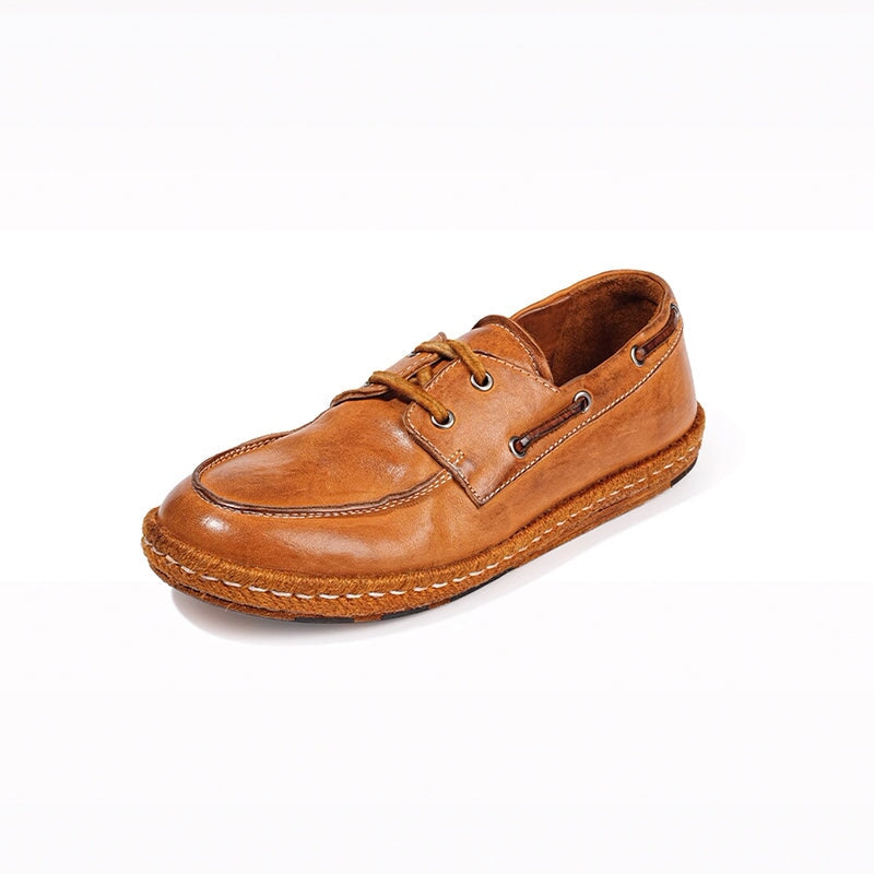 Vintage Washed Horse Leather Boat Shoes Handcrafted Casual Loafers for Women in Black/Pumpkin