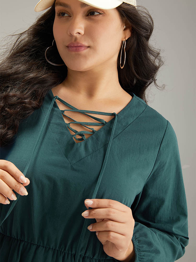 Cotton Solid Lace Up Elastic Waist Dress