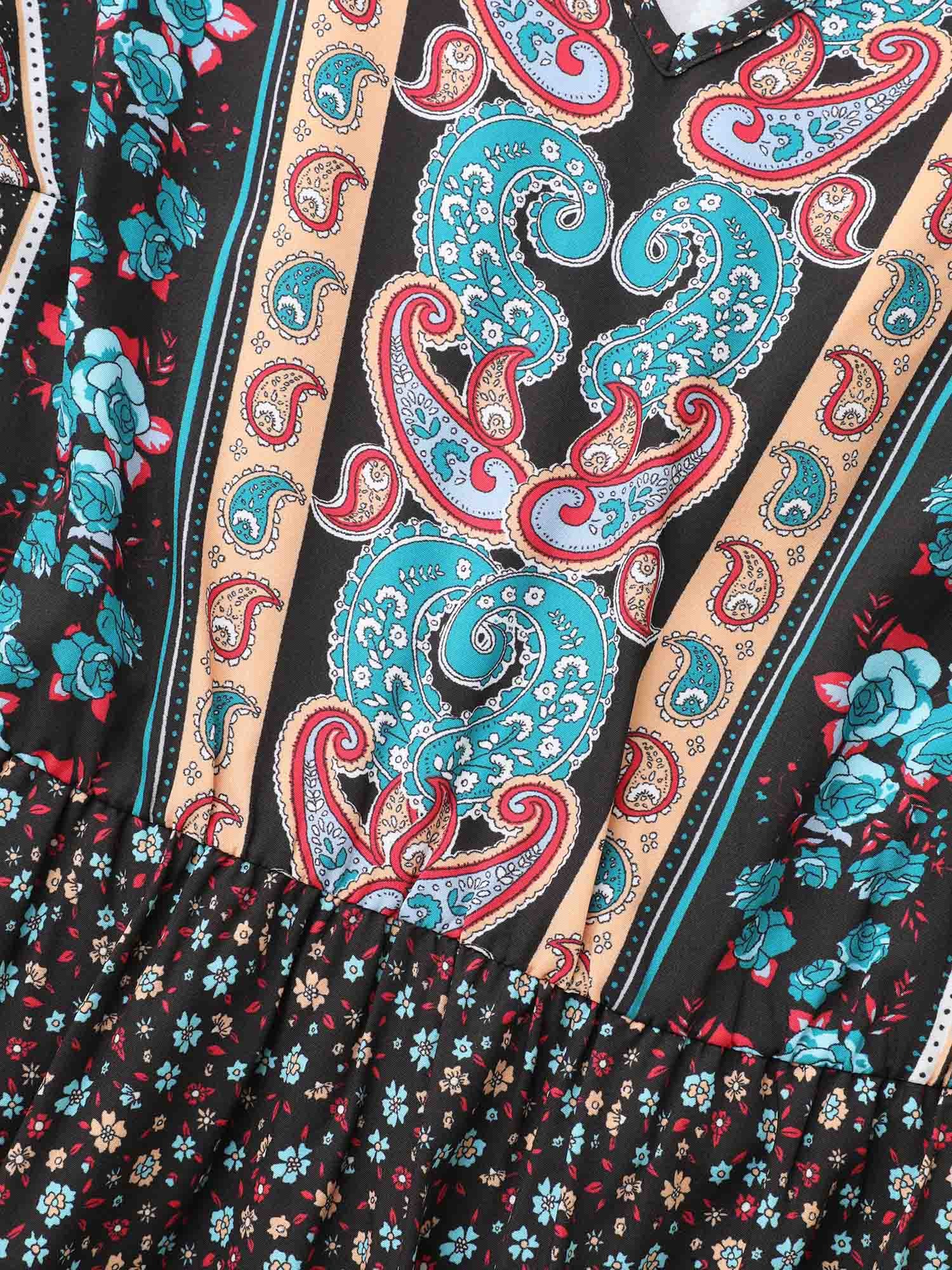Boho Print V Neck Elastic Waist Dress