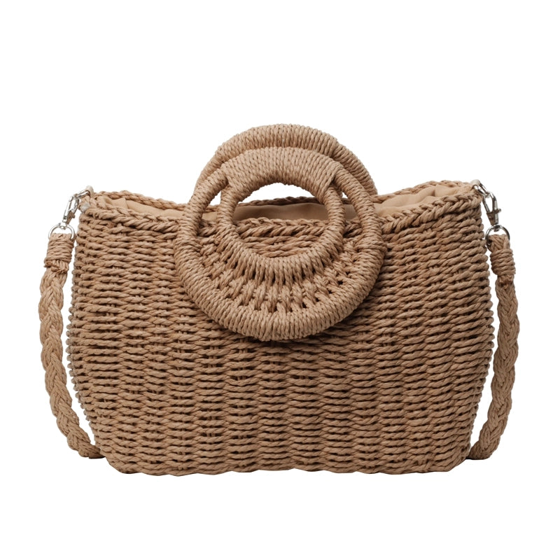 Women's Large Straw Solid Color Vacation Beach String Straw Bag