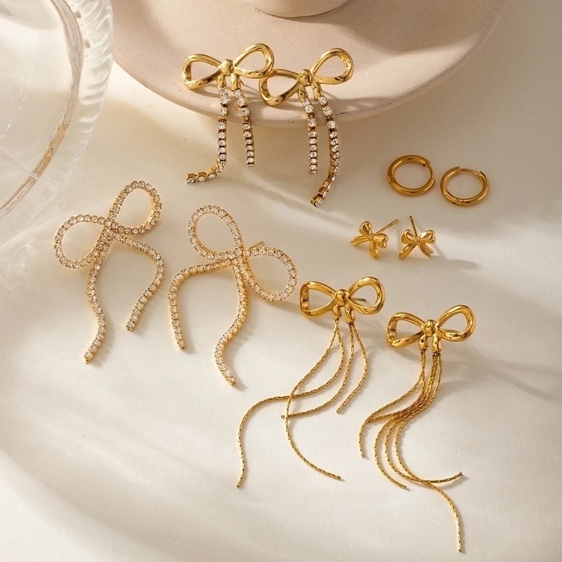 1 Pair IG Style Vacation Minimalist Tassel Bow Knot Inlay 304 Stainless Steel Rhinestones 18K Gold Plated Drop Earrings