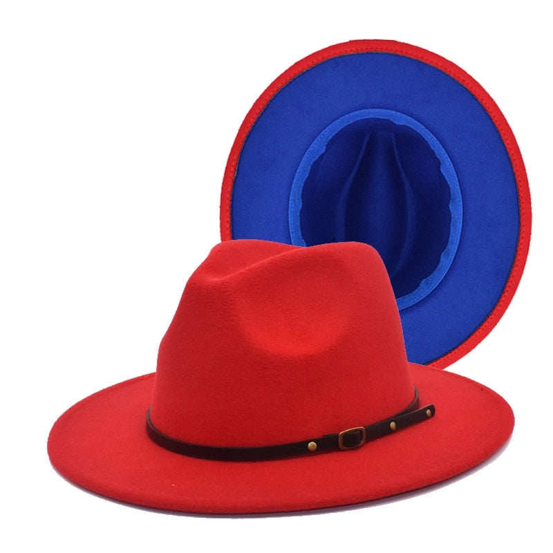 New Women's Woolen Top Hat Fashion Red And Black Color-matching Hat Women's Flat-brimmed Jazz Hat