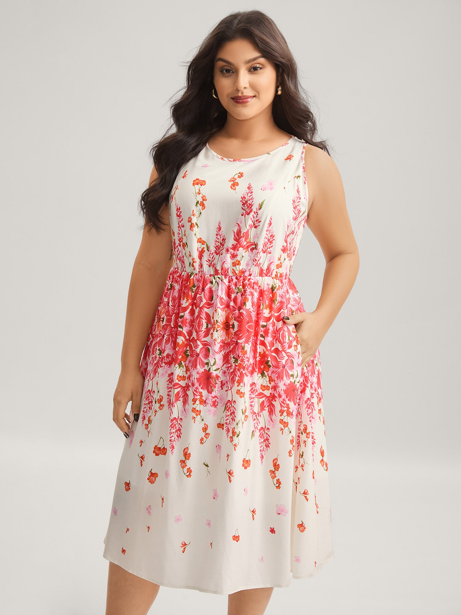 Floral Print Cinched-Waist Midi Dress