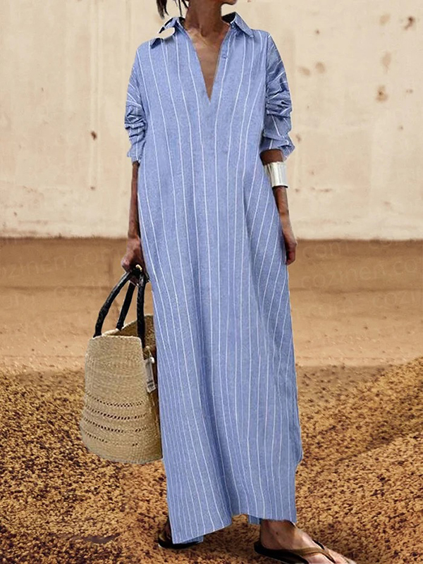 Long Sleeves Striped Lapel Maxi Dresses