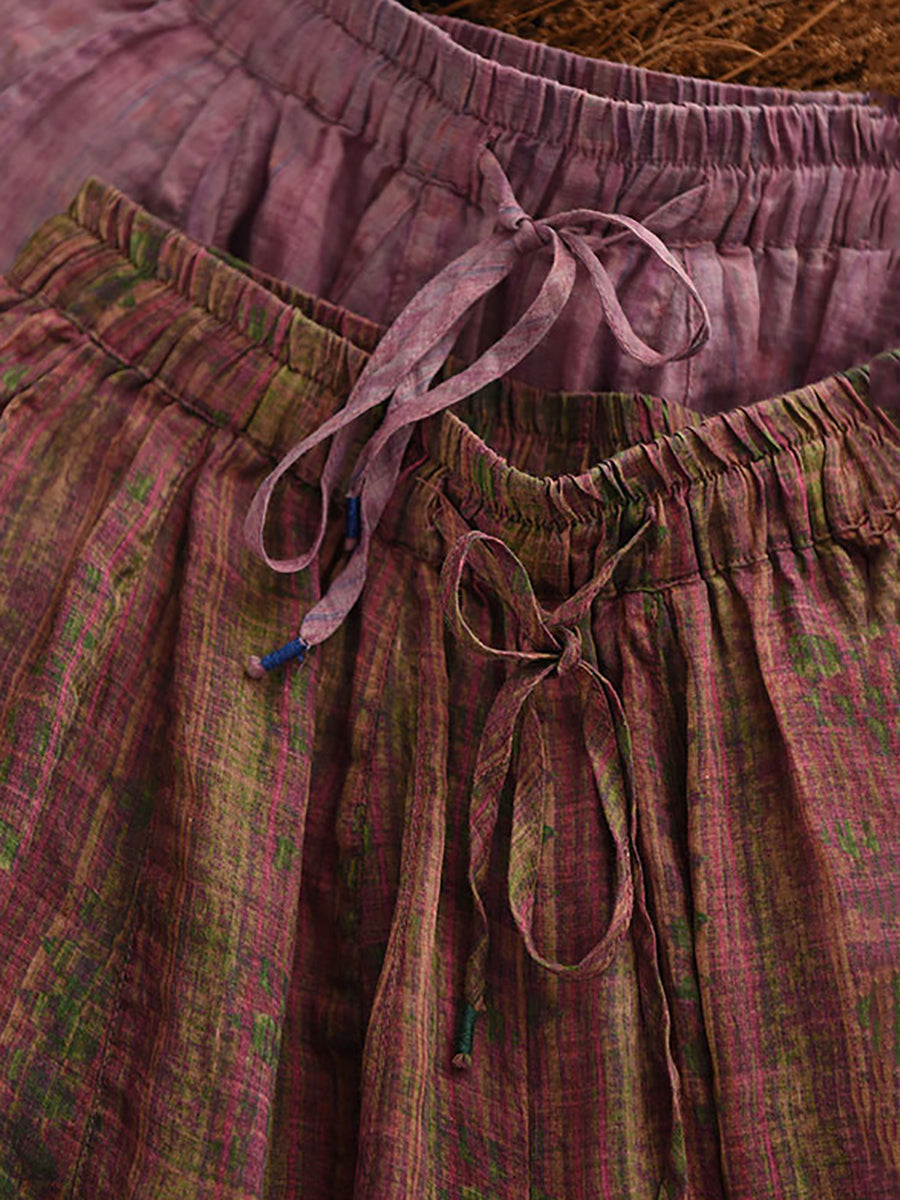 Women Summer Retro Print 100%Ramie Bloomers