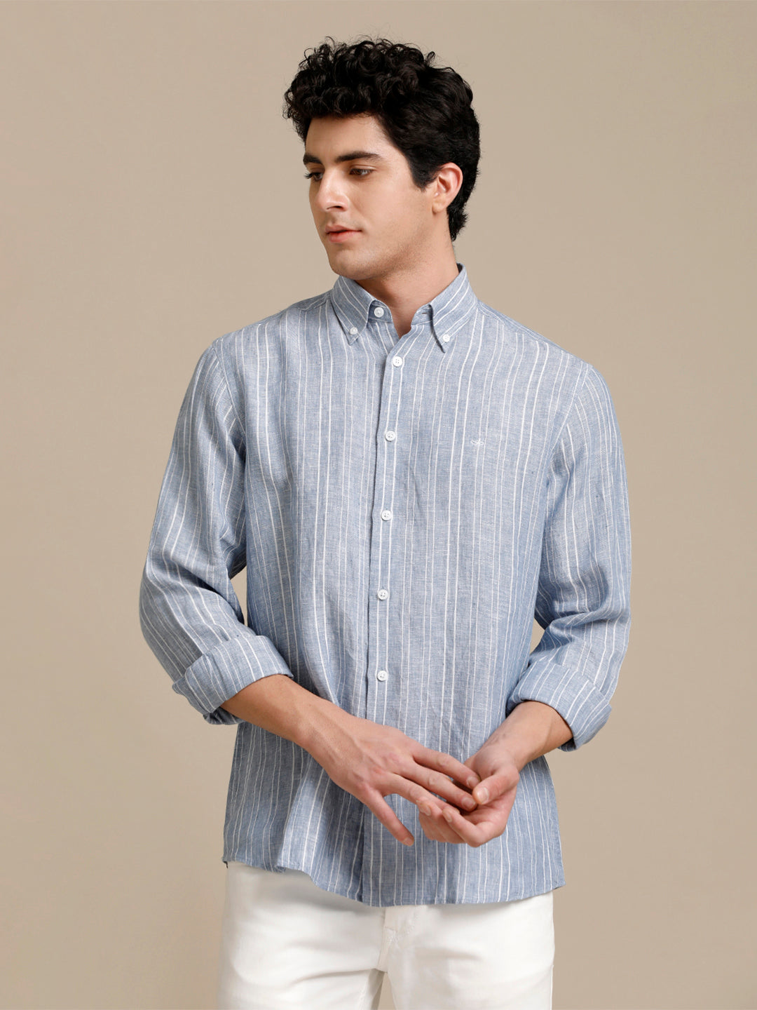 Mens Regular Fit Blue/White Stripe Casual Linen Shirt (LABUL)