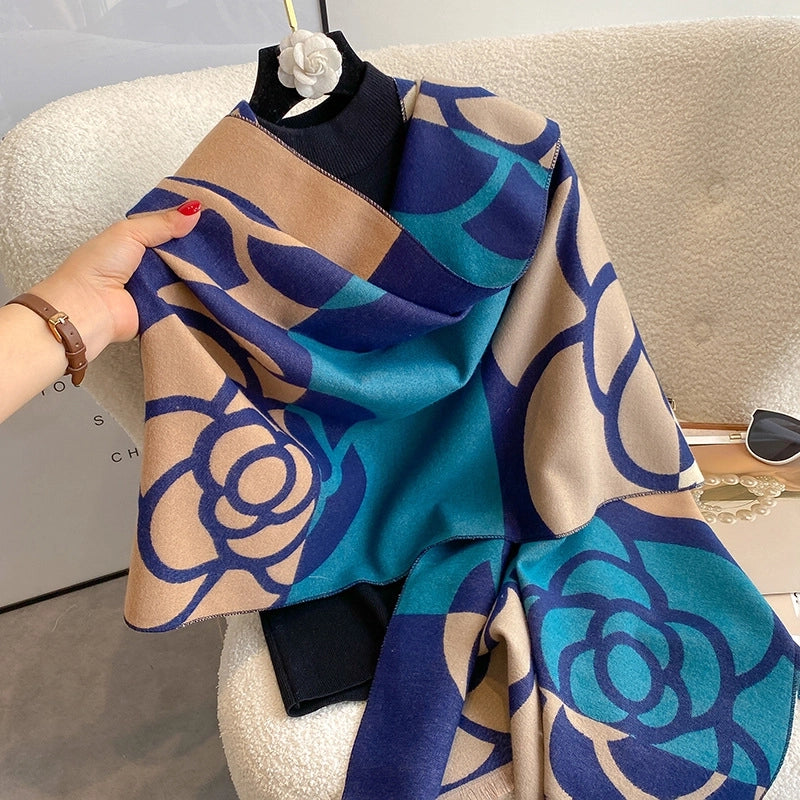 Color Matching Camellia Elegant Cashmere Scarf For Women Double-sided Thickened Autumn And Winter Warm Air Conditioning Shawl