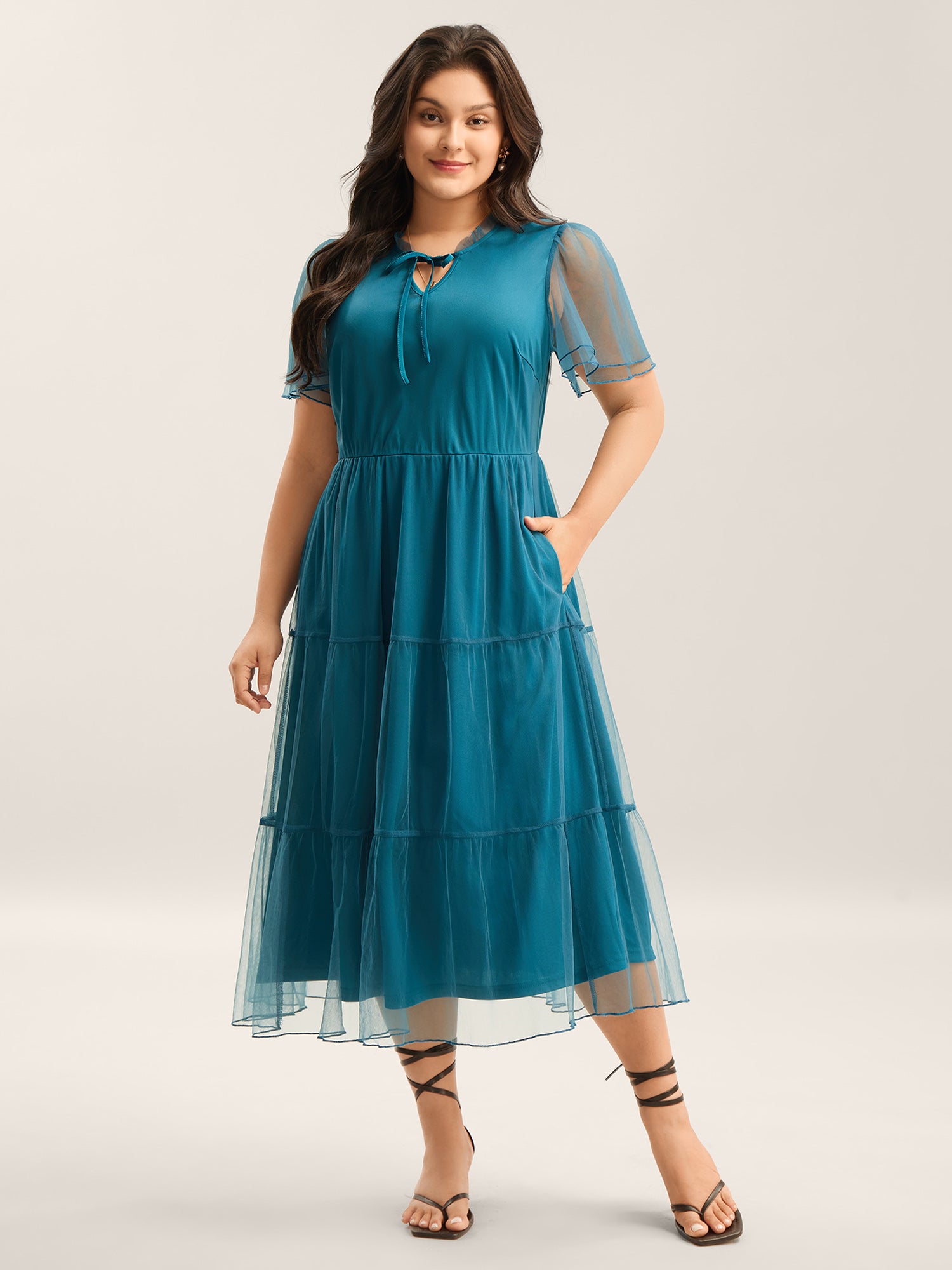 Stretchy Waist Neck Tie Sheer Midi Dress