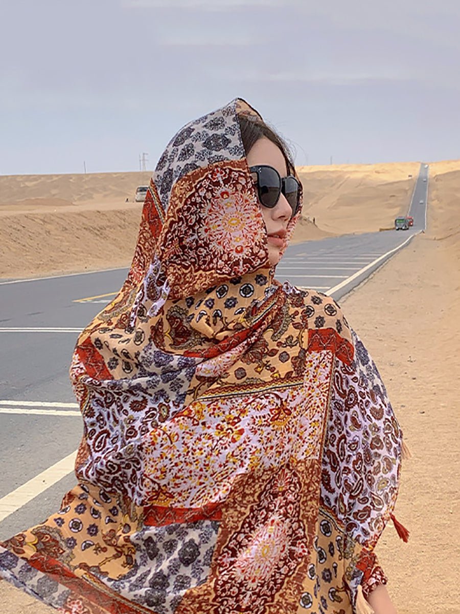 Women Ethnic Floral Spliced Tassel Shawl Scarf