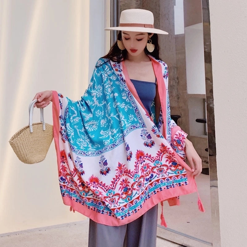 Ethnic Style Shawl Scarf Dual-use Sun Protection By The Sea Beach Scarf Red Large Gauze Scarf Female Desert Travel Photography Summer