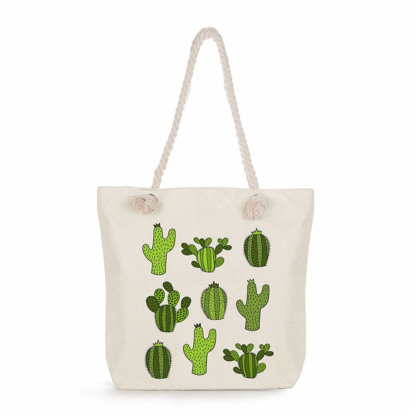Women's Medium Linen Cactus Vacation Classic Style Square Zipper Tote Bag Beach Bag
