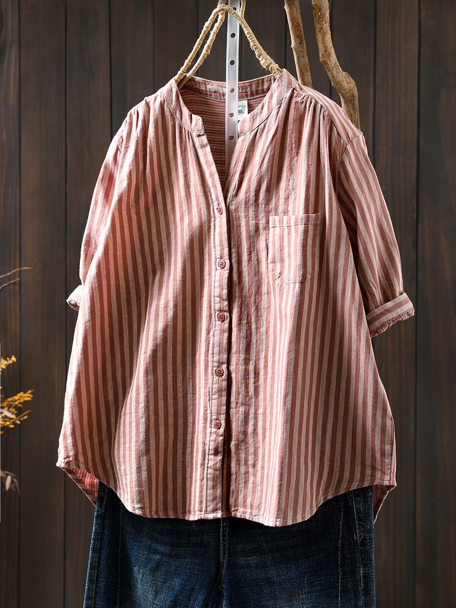 Women Summer Casual Stripe V-Neck 100%Cotton Shirt