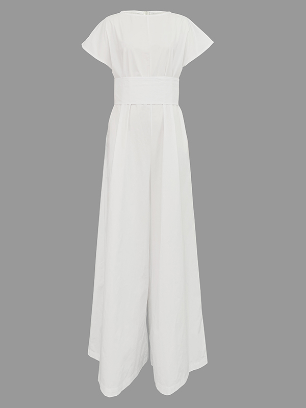 Loose Raglan Sleeve Pleated Solid Color Split-Joint Zipper Round-Neck Jumpsuits