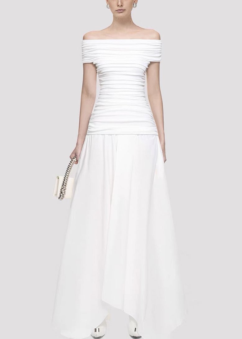 Original White Slash Neck Wrinkled Knitting Cotton Long Dress Summer
