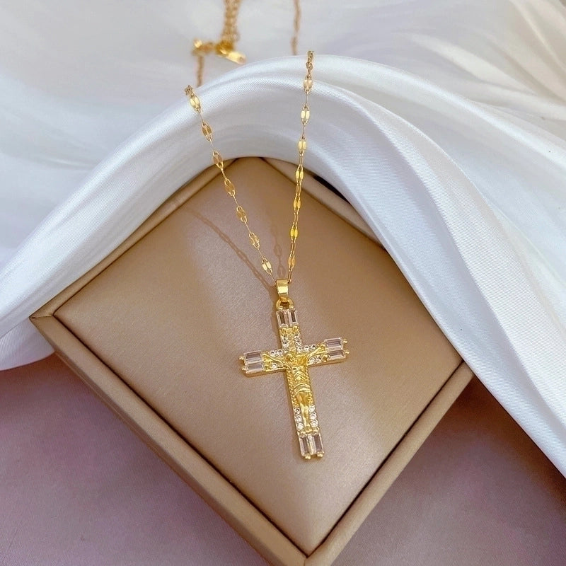 Minimalist Cross Titanium Steel Copper Zircon Pendant Necklace In Bulk