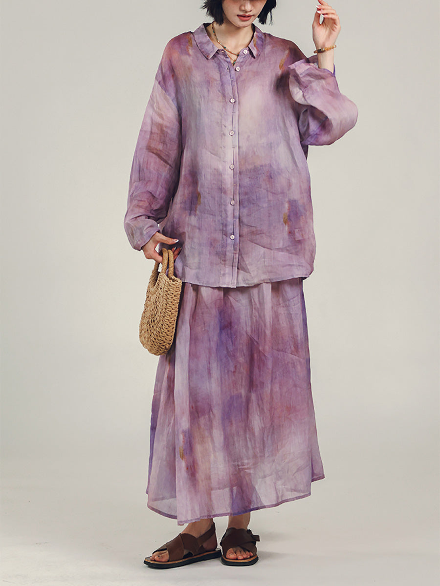 Women Summer Artsy Tie-dye Turn-down Collar 100%Ramie Shirt