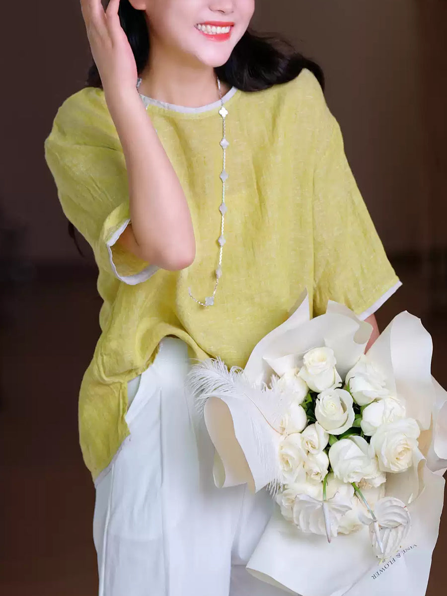 Women Summer Casual Pure Color O-Neck 100%Linen Shirt