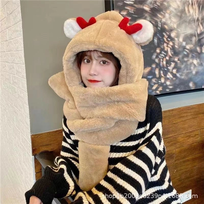 Hat Scarf Gloves Integrated Hat Autumn And Winter  Versatile Warm Toe Cap Winter Cute Plush Double Layer Hat For Women