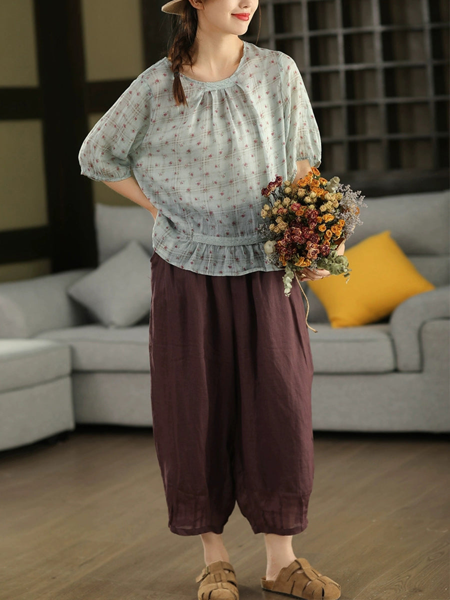 Women Summer Artsy Floral O-Nck 100%Ramie Shirt