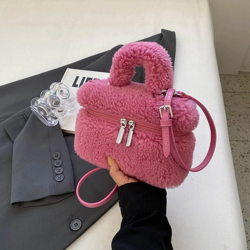 Women's Plush Solid Color Cute Square Zipper Shoulder Bag Handbag Crossbody Bag