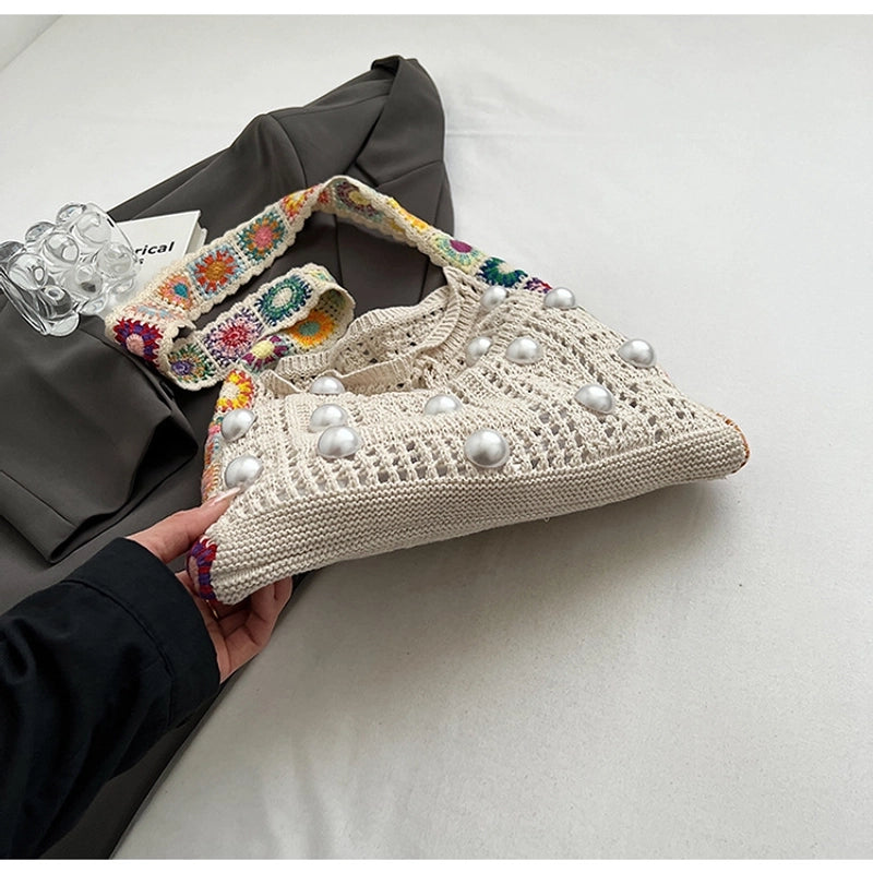 Women's Large Knit Solid Color Flower Basic Classic Style Pearls Weave Open Straw Bag