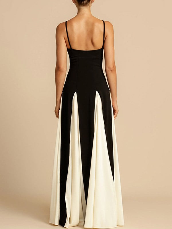 A-Line Sleeveless Contrast Color Pleated Split-Joint Spaghetti-Neck Evening Dresses Maxi Dresses