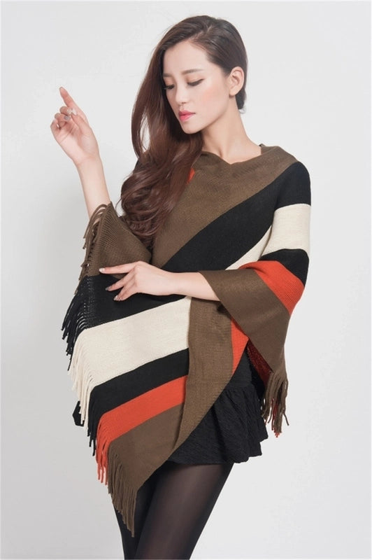 Women's Wear Tassel Pullover Midi Knitted Cloak Women's Winter Fashion Shawl Striped Sweater Coat