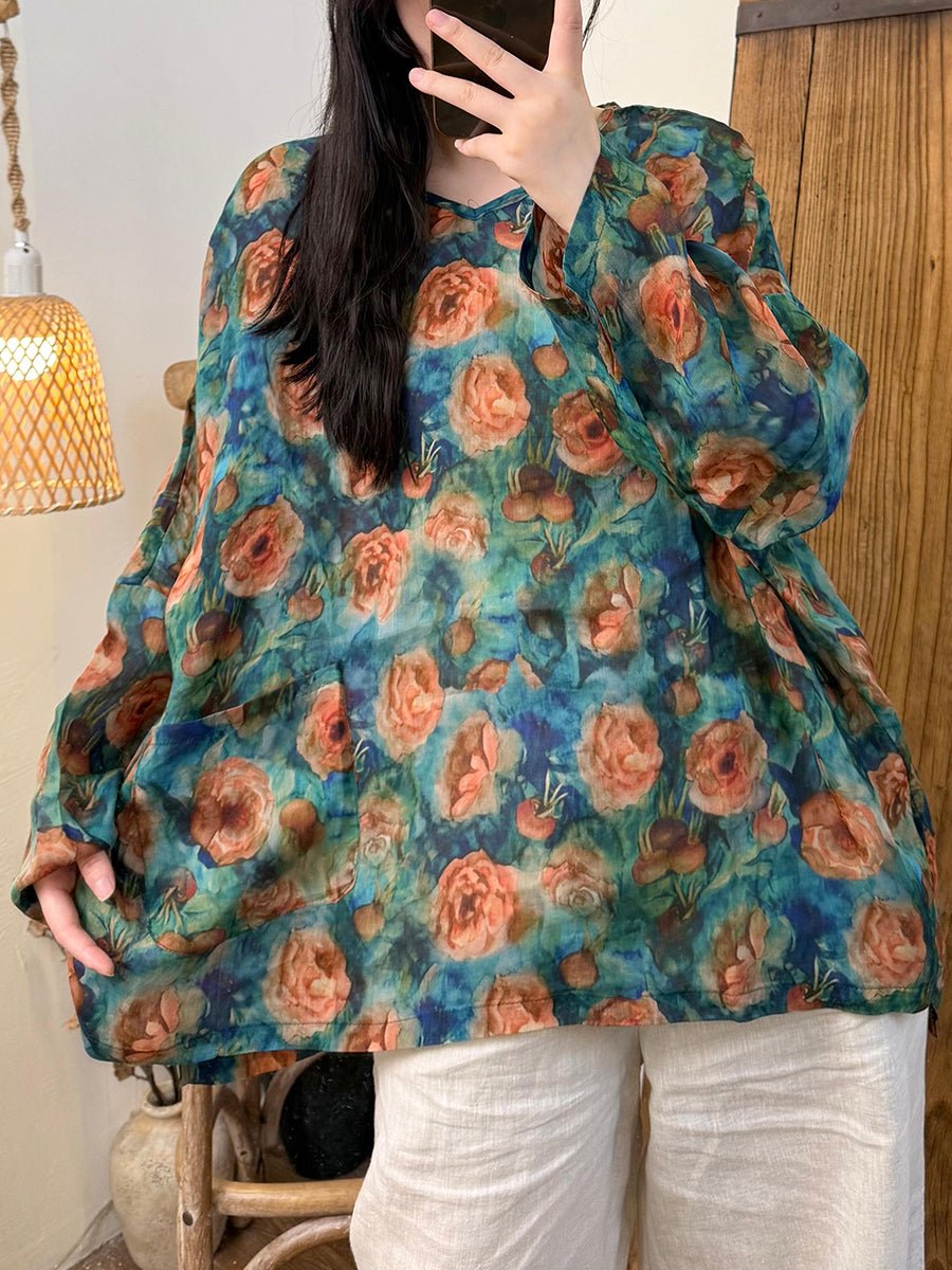 Women Summer Artsy Flower Ramie V-Neck Shirt