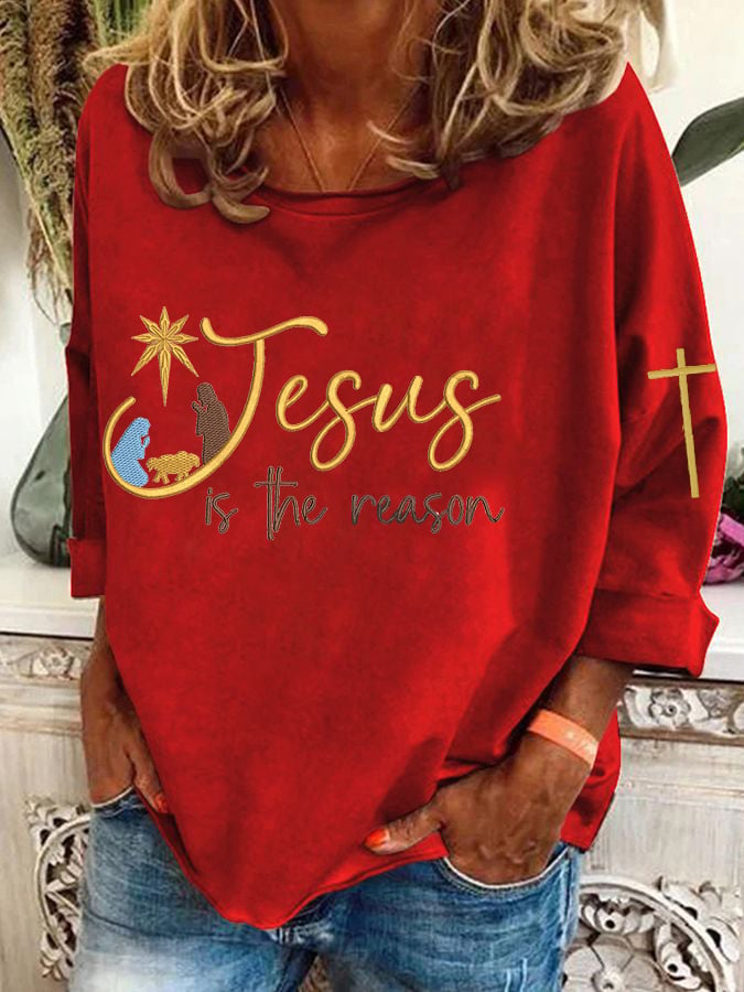 Women's Christmas Religious Jesus Is The Reason Cross Print T-Shirt