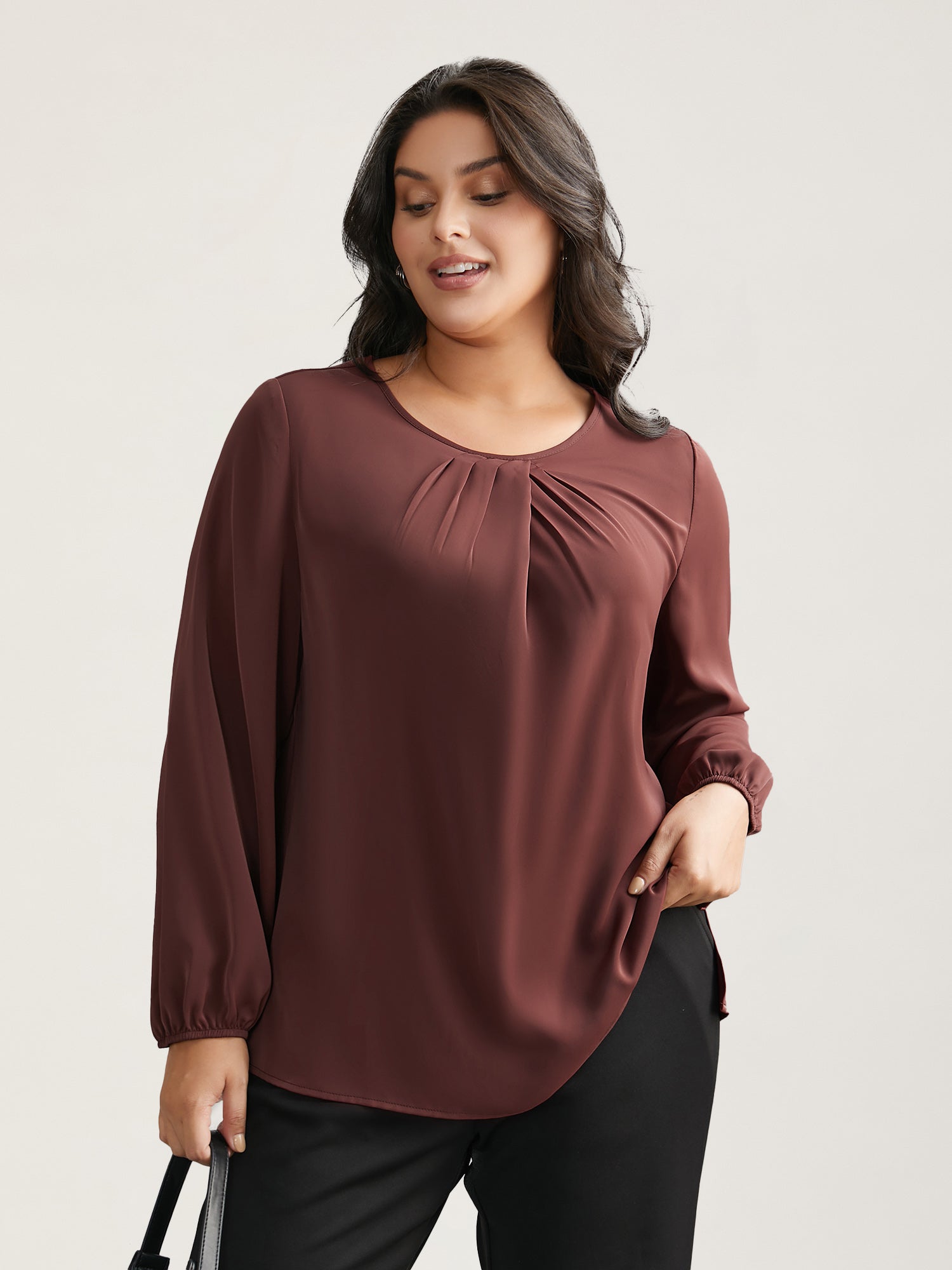 Solid Crew Neck Lantern Sleeve Blouse