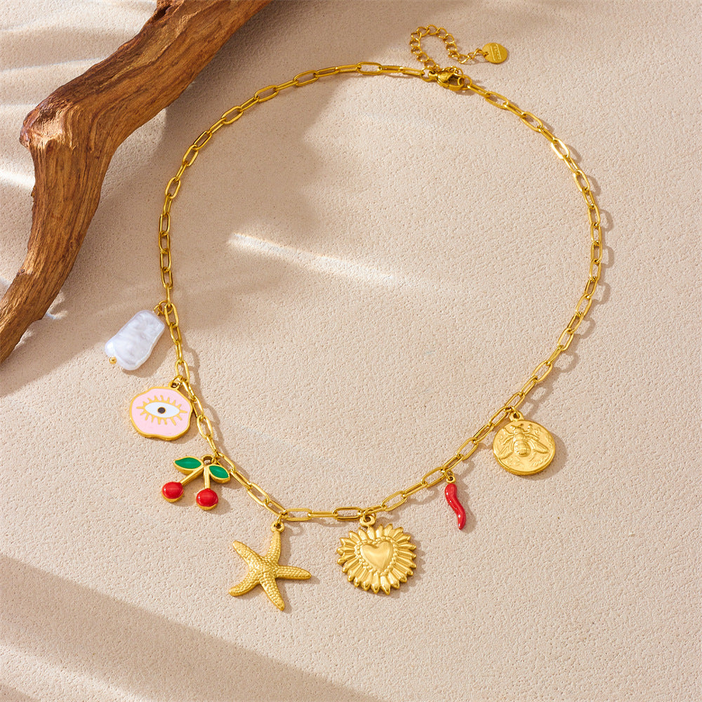 Fashion Cartoon Fruit Cherry Oil Drop Pendant Love Eyes Starfish Stainless Steel Chain Women'S Necklace