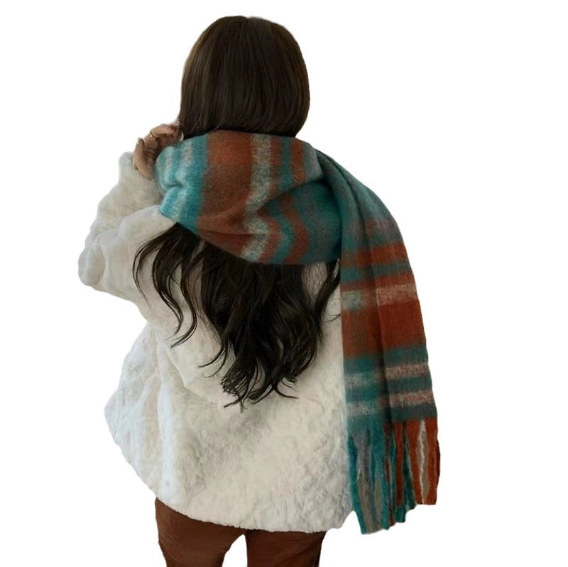 Autumn And Winter Thickened Scarf Women's  Rainbow Plaid Tassel Mohair Shawl Student Versatile Warm Scarf Fashion