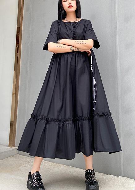 Classy black print cotton clothes o neck Cinched cotton robes summer Dresses