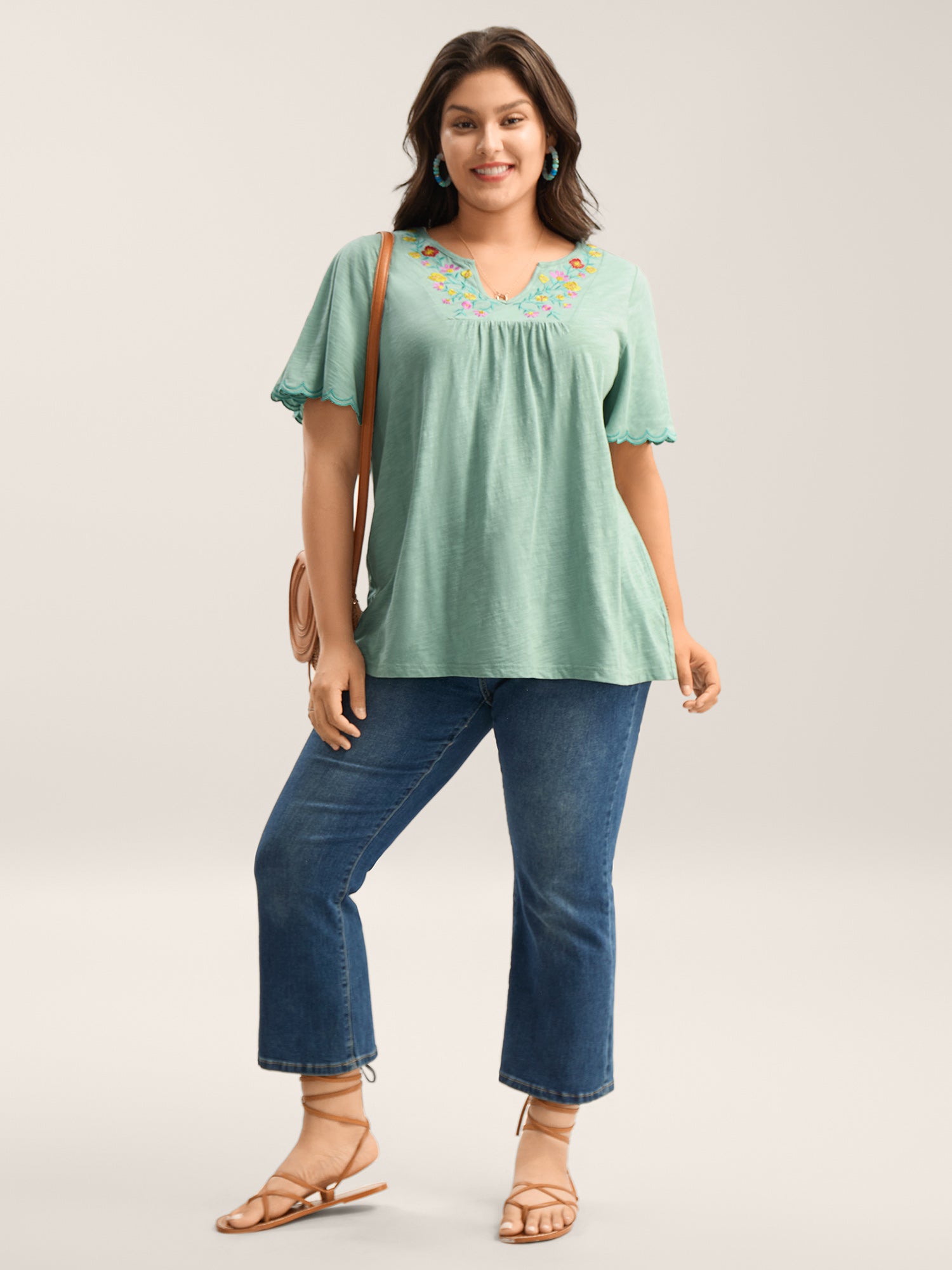 Pure Cotton Embroidered Pleated T-Shirt