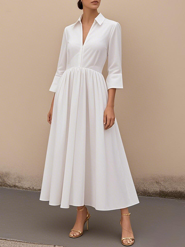 A-Line High Waisted Pleated Solid Color V-Neck Maxi Dresses