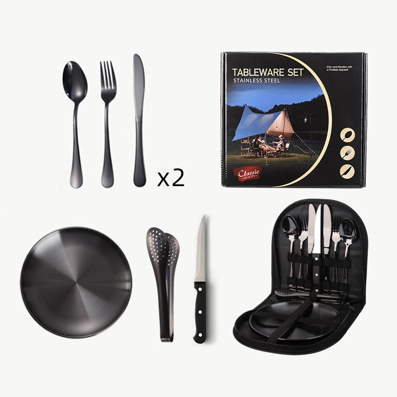 Outdoor Travel Stainless Steel Tableware Camping Picnic Barbecue Plate Clip Steak Knife. Fork And Spoon Suit Portable Storage Bag