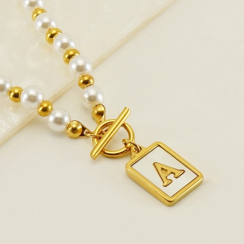 Stainless Steel 18K Gold Plated Elegant French Style Pearl Plating Inlay Letter Shell Pendant Necklace