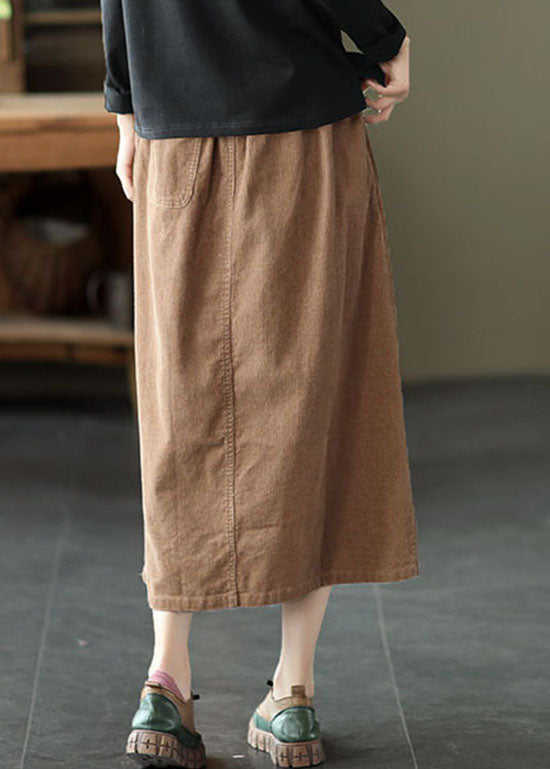 Women Khaki elastic waist button Pockets Corduroy Skirts Spring