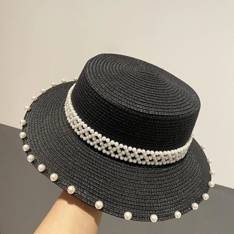 Summer Retro Large Brim Sunscreen Pearl Straw Hat