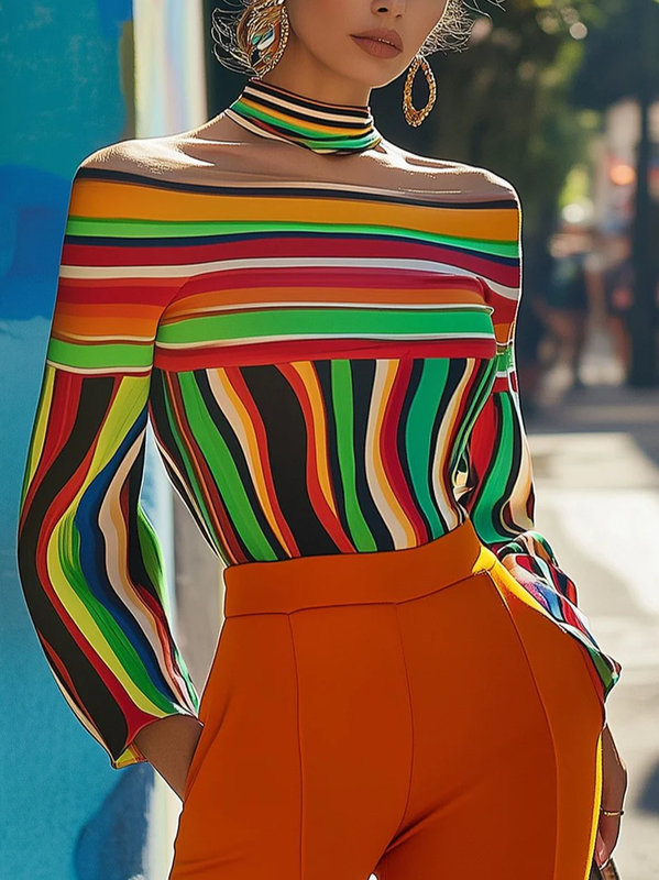 Long Sleeves Loose Contrast Color Striped Halter-Neck T-Shirts Tops