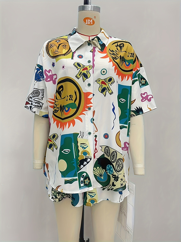 Loose Short Sleeves Pleated Figure Printed Lapel Blouse + Elasticity Waist Shorts Two Pieces Set