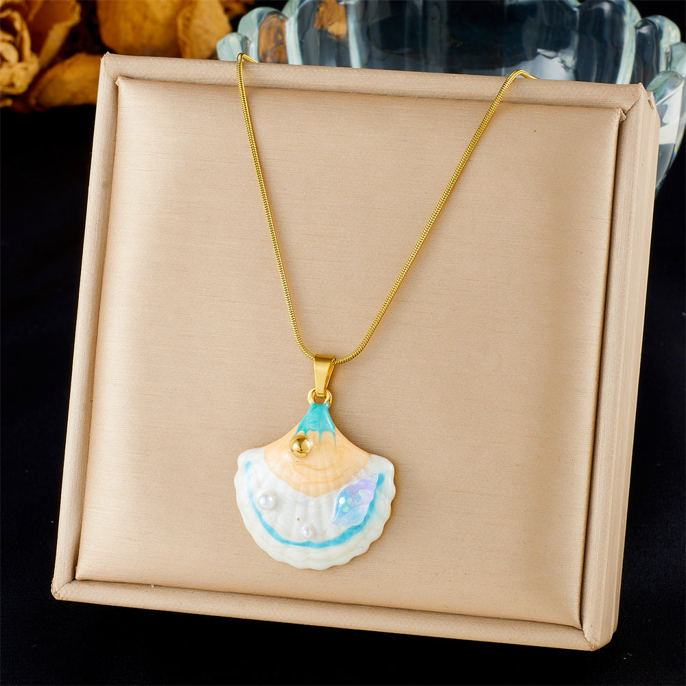 Fashion Holiday Advanced Multi-Element Marine Life Pendant Shell Starfish Sun Stainless Steel Necklace