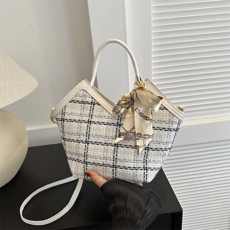 Women's Woolen Lattice Elegant Bucket Zipper Handbag