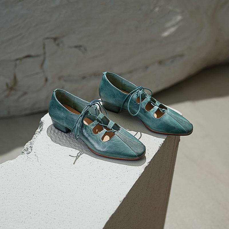 Elegant Washed Horse Leather Mary Jane Shoes with Cross-Strap Design Pink/Grey/Blue
